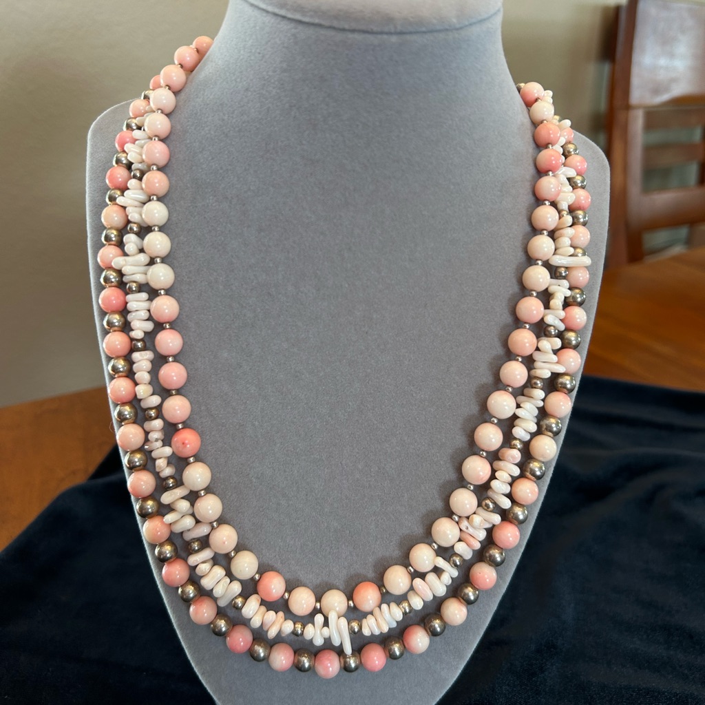 Sterling Silver Angel Skin Coral Triple Strand Necklace 16-20 Adjustable Clasp 249$